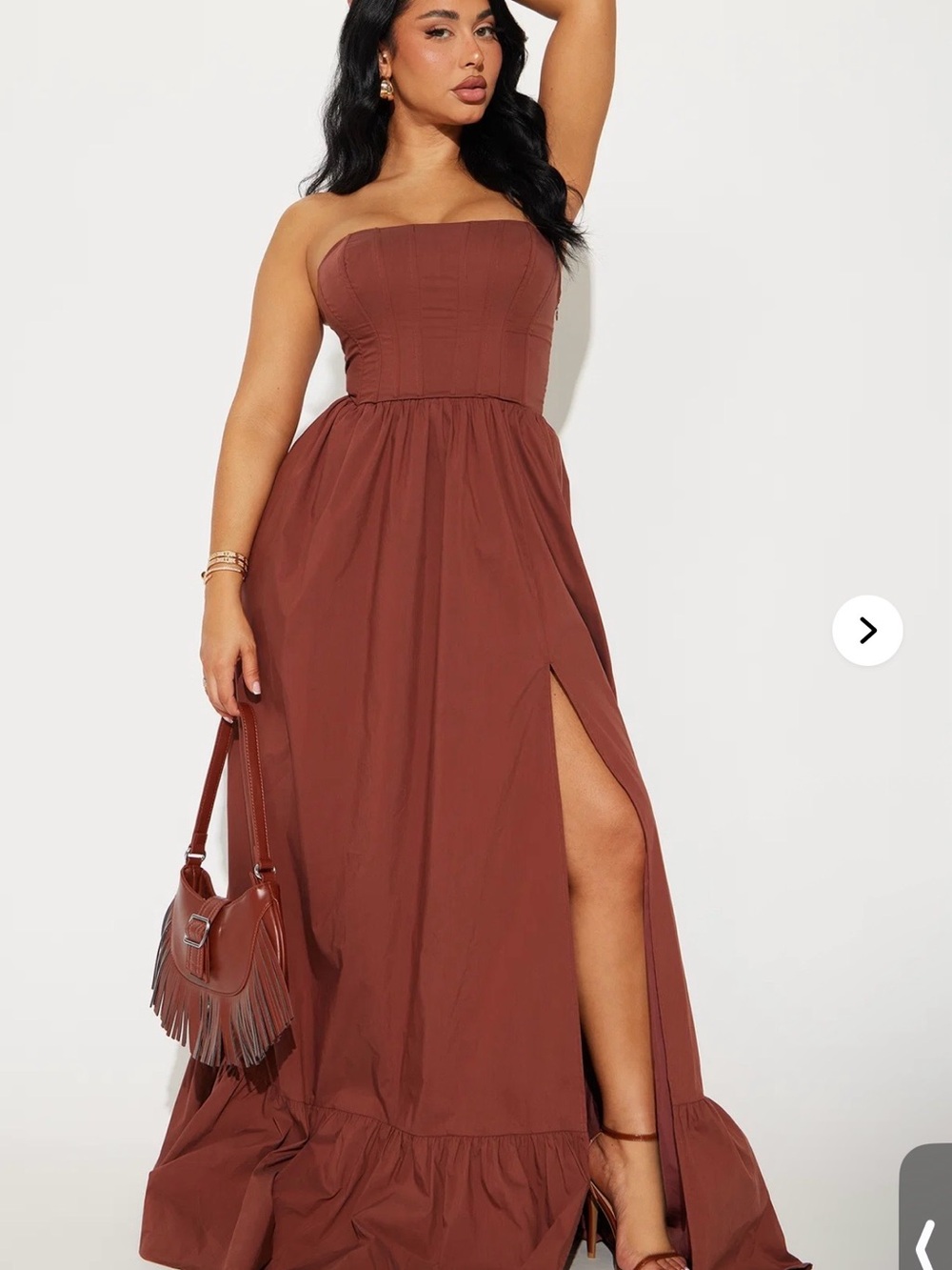 Fashion Nova Strapless Rust-Brown Maxi Dress with High Slit